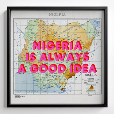 Nigeria Retro Pop Art Map Print (square) - black frame mockup - Magic Posters Bold