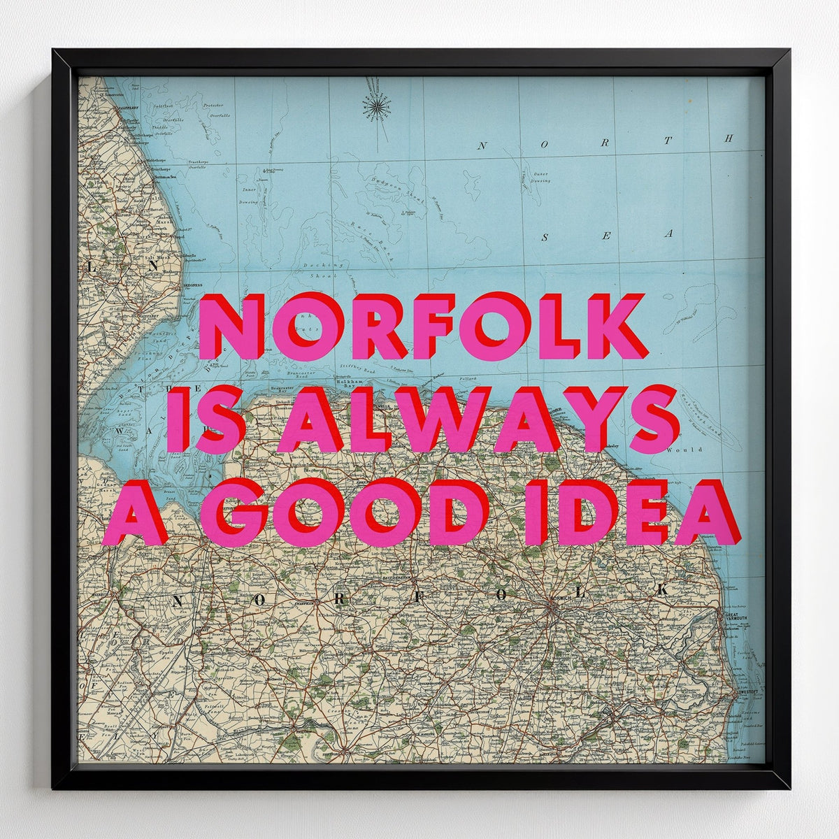 Norfolk Retro Pop Art Map Print - black frame mockup - Magic Posters