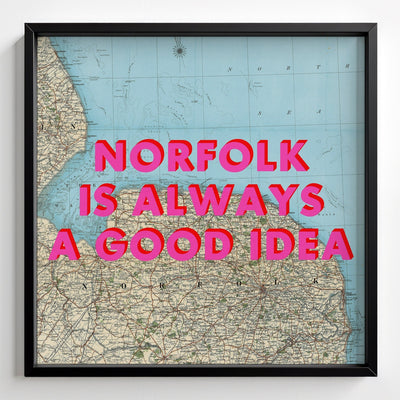 Norfolk Retro Pop Art Map Print - black frame mockup - Magic Posters
