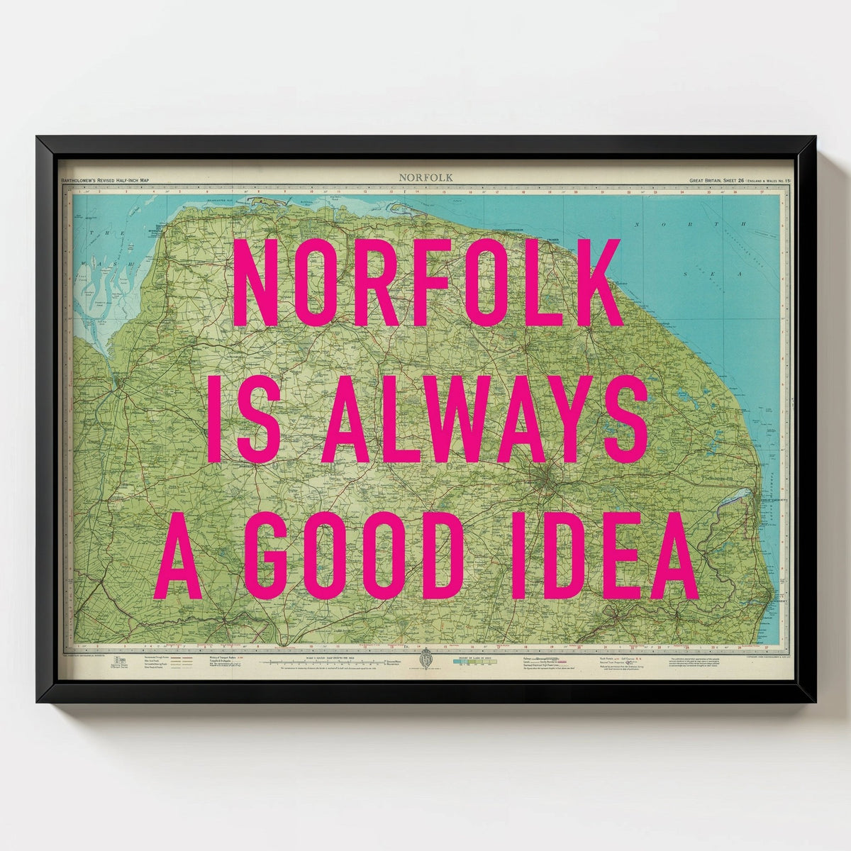 Norfolk Retro Pop Art Map Print - black frame mockup - Magic Posters