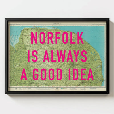 Norfolk Retro Pop Art Map Print - black frame mockup - Magic Posters