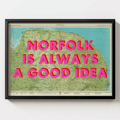 Norfolk Retro Pop Art Map Print - black frame mockup - Magic Posters