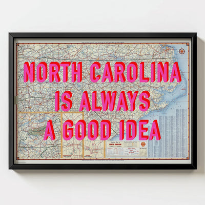 North Carolina Retro Pop Art Map Print (landscape) - black frame mockup - Magic Posters Bold