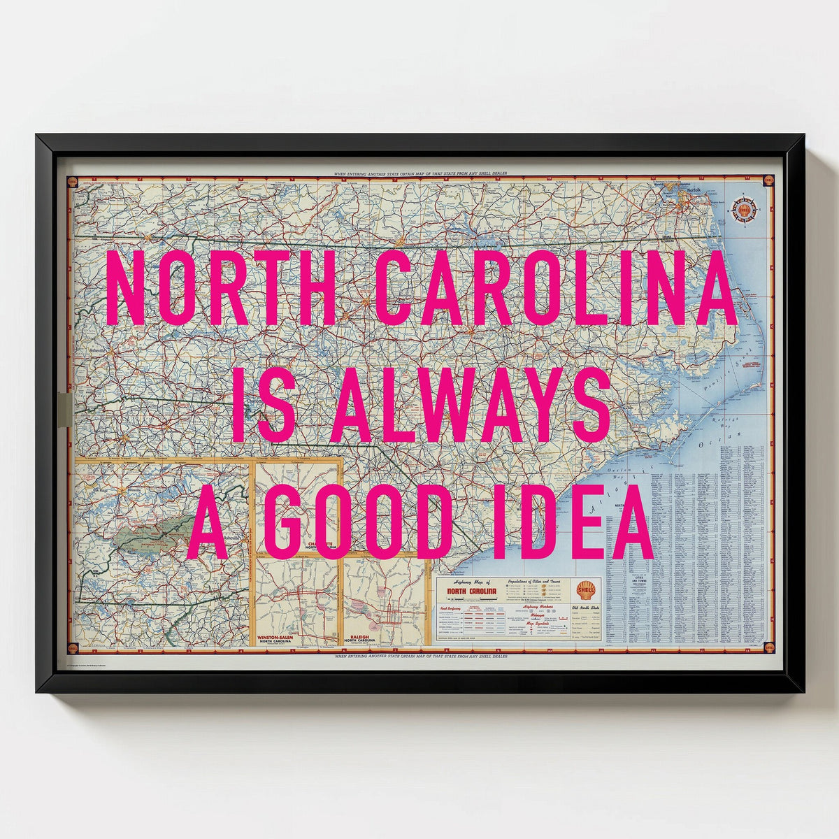 North Carolina Retro Pop Art Map Print (landscape) - black frame mockup - Magic Posters