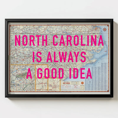 North Carolina Retro Pop Art Map Print (landscape) - black frame mockup - Magic Posters
