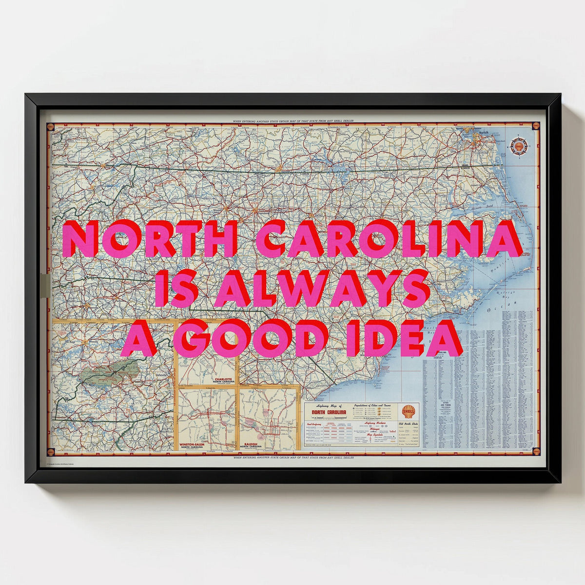 North Carolina Retro Pop Art Map Print (landscape) - black frame mockup - Magic Posters