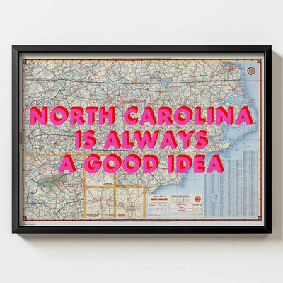 North Carolina Retro Pop Art Map Print (landscape) - black frame mockup - Magic Posters