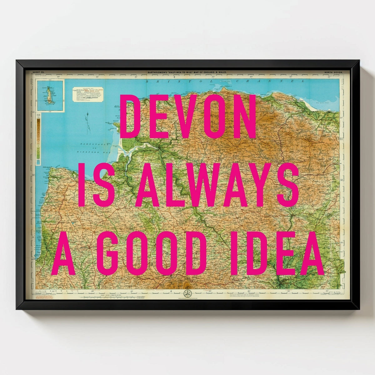 North Devon Retro Pop Art Map Print - black frame mockup - Magic Posters