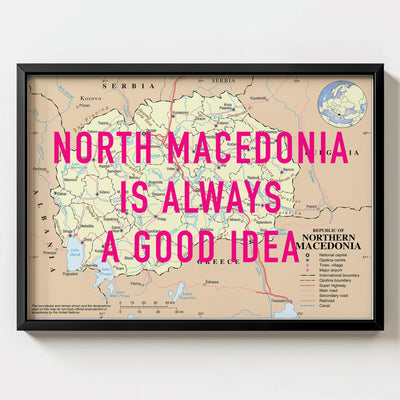 North Macedonia Retro Pop Art Map Print (landscape) - black frame mockup - Magic Posters