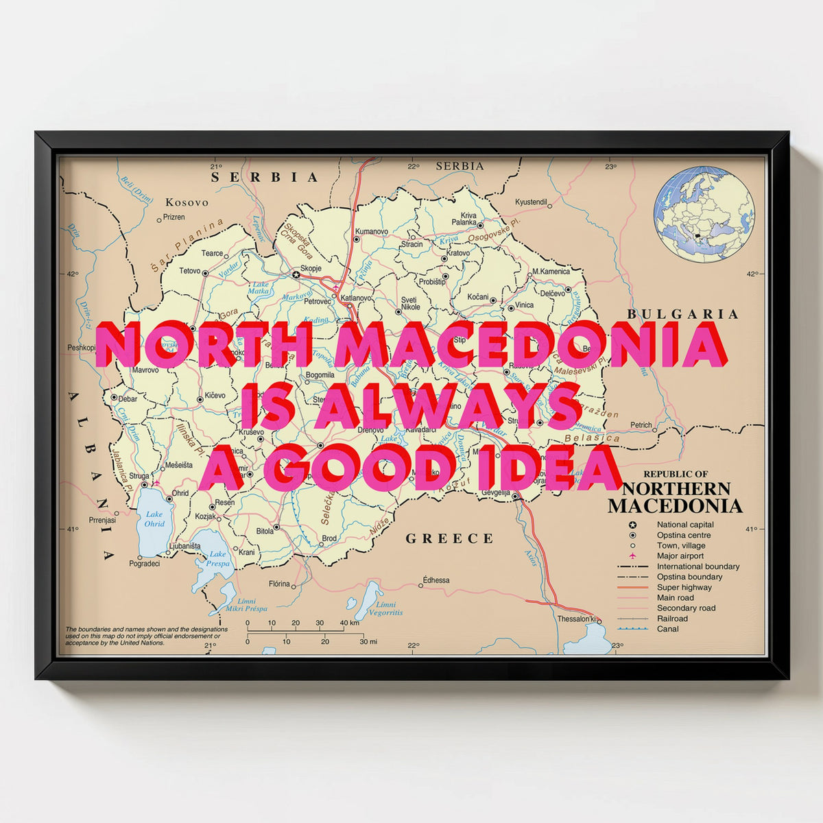 North Macedonia Retro Pop Art Map Print (landscape) - black frame mockup - Magic Posters