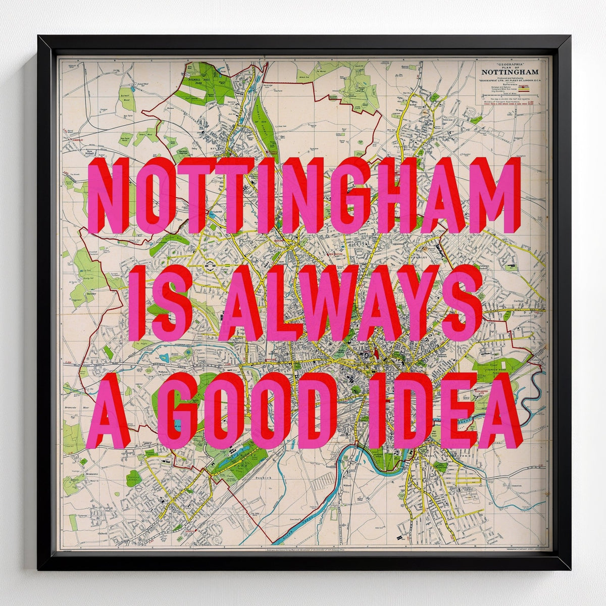 Nottingham Retro Pop Art Map Print (Square) - black frame mockup - Magic Posters