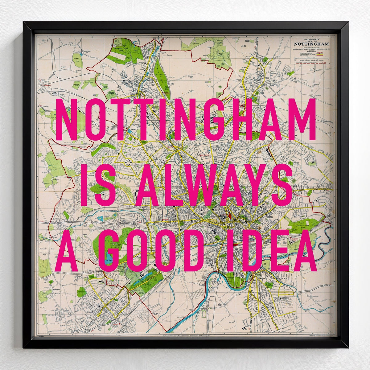 Nottingham Retro Pop Art Map Print (Square) - black frame mockup - Magic Posters