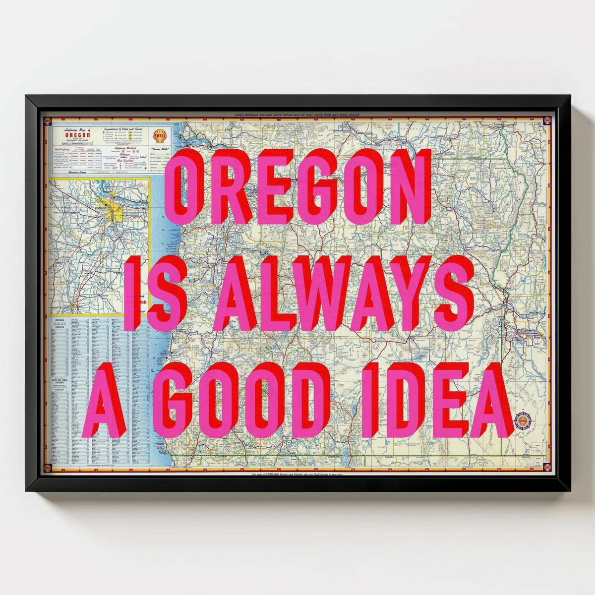 Oregon Retro Pop Art Map Print (landscape V1) - black frame mockup - Magic Posters