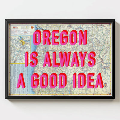 Oregon Retro Pop Art Map Print (landscape V1) - black frame mockup - Magic Posters