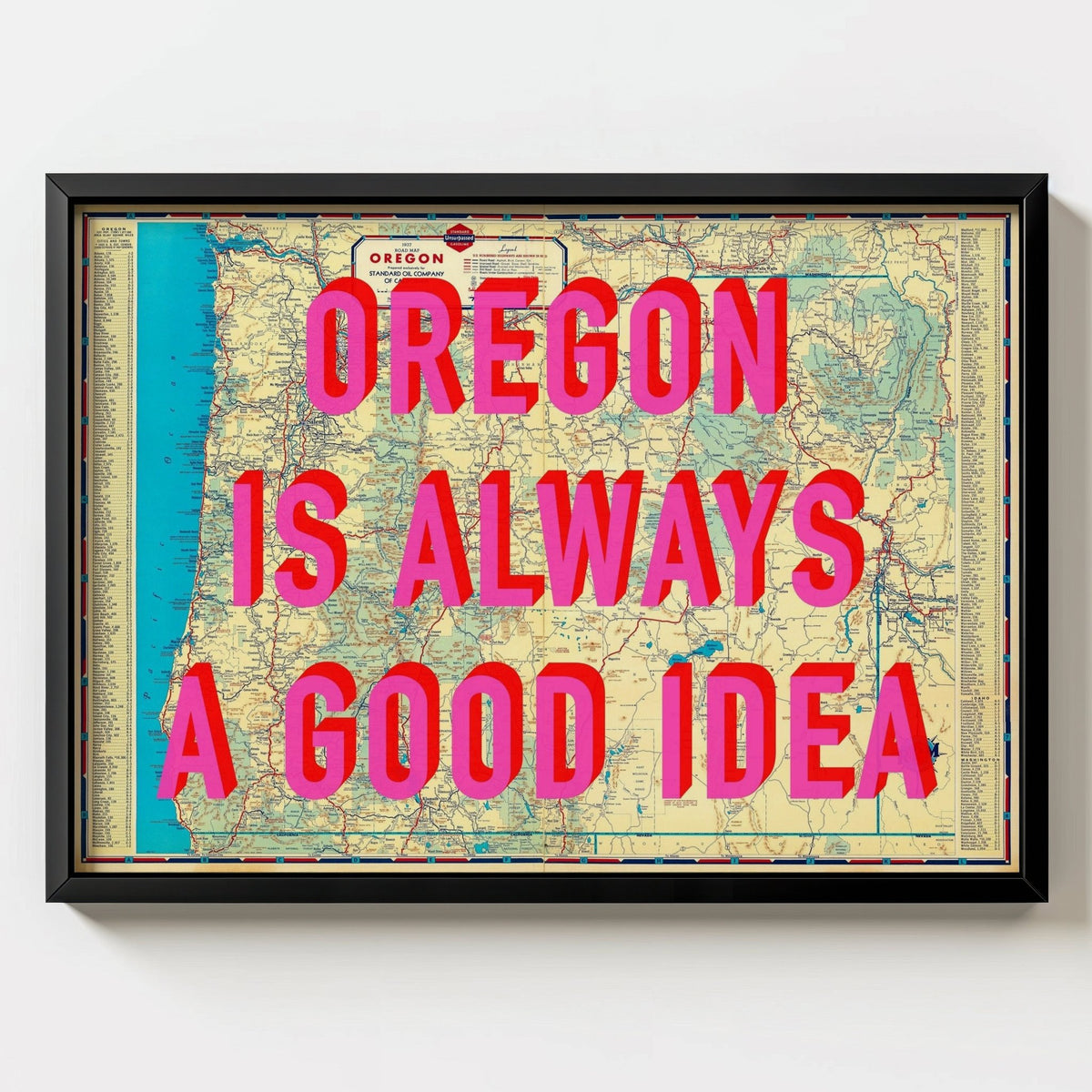 Oregon Retro Pop Art Map Print (landscape V2) - black frame mockup - Magic Posters