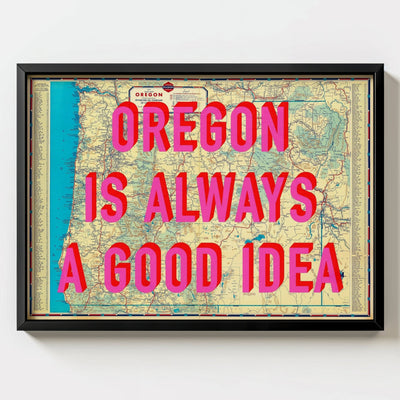 Oregon Retro Pop Art Map Print (landscape V2) - black frame mockup - Magic Posters