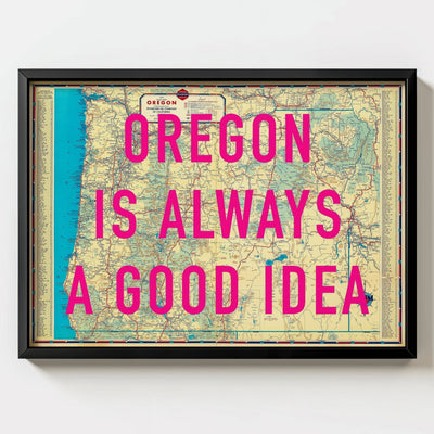 Oregon Retro Pop Art Map Print (landscape V2) - black frame mockup - Magic Posters