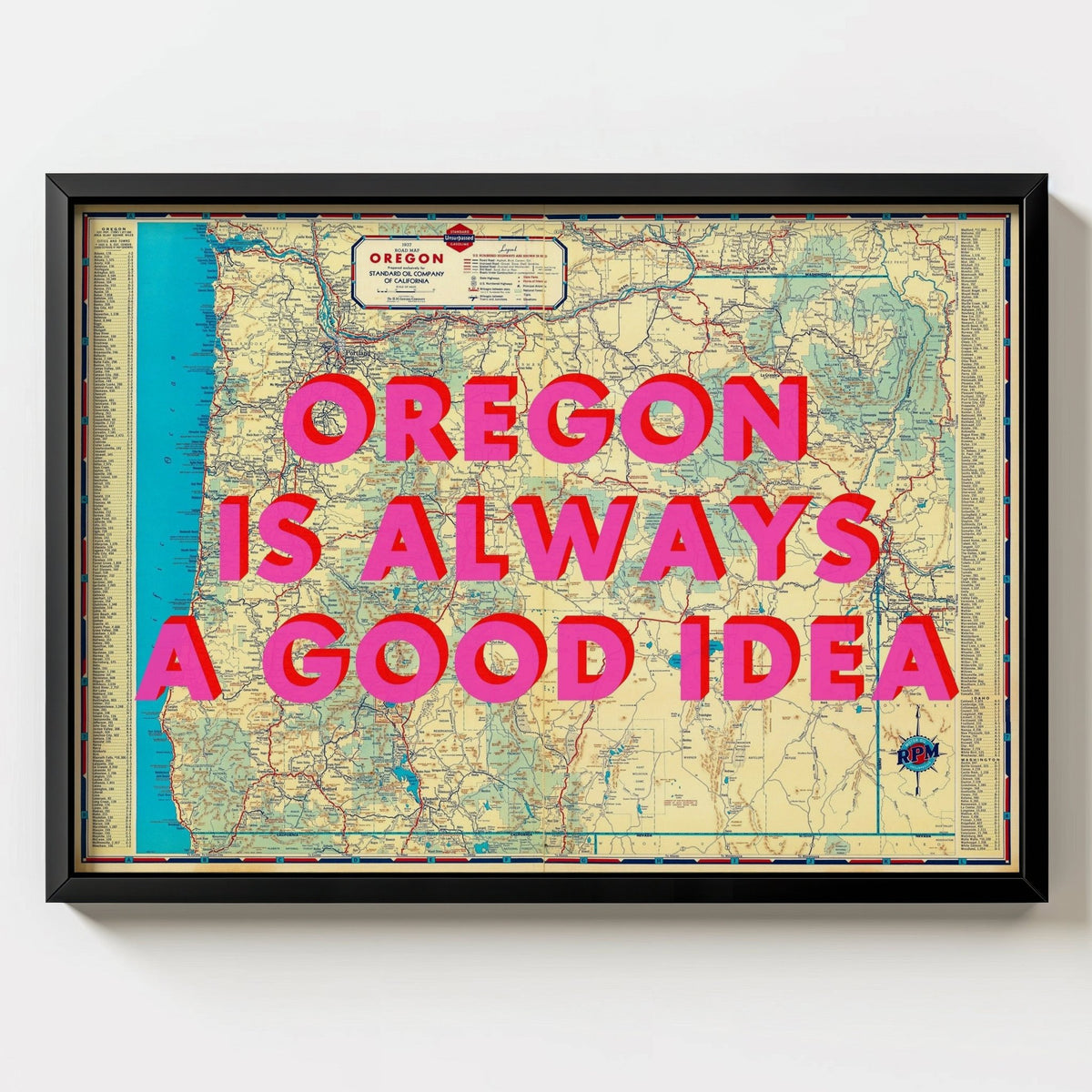 Oregon Retro Pop Art Map Print (landscape V2) - black frame mockup - Magic Posters
