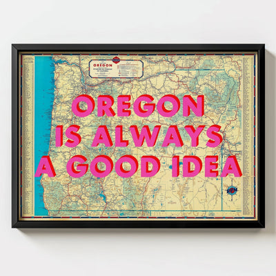 Oregon Retro Pop Art Map Print (landscape V2) - black frame mockup - Magic Posters