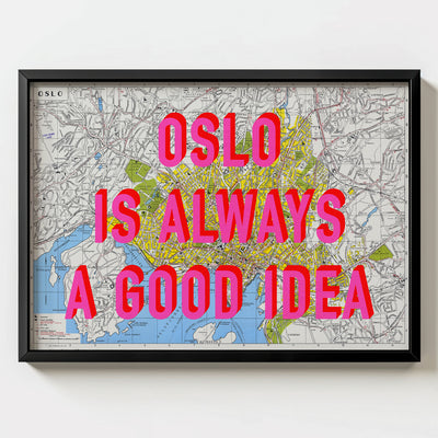Oslo Retro Pop Art Map Print (landscape) - black frame mockup - Magic Posters Bold
