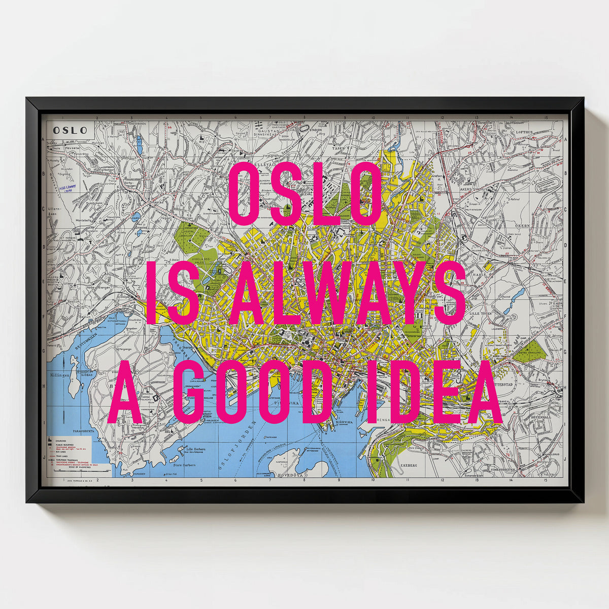 Oslo Retro Pop Art Map Print (landscape) - black frame mockup - Magic Posters