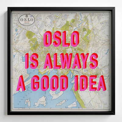Oslo Retro Pop Art Map Print (square) - black frame mockup - Magic Posters Bold