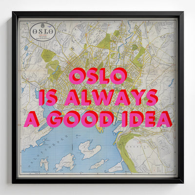 Oslo Retro Pop Art Map Print (square) - black frame mockup - Magic Posters