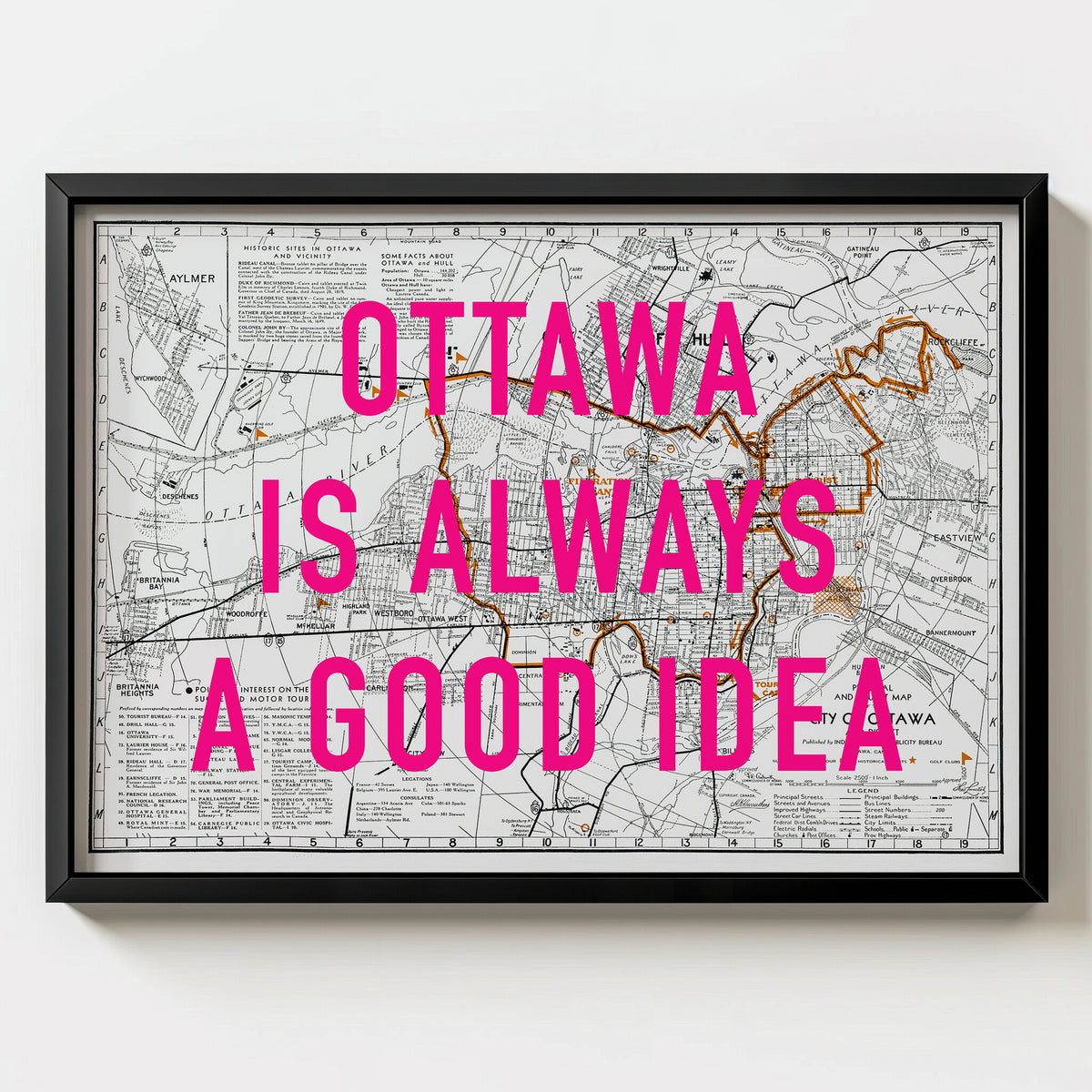 Ottawa Retro Pop Art Map Print (landscape) - black frame mockup - Magic Posters