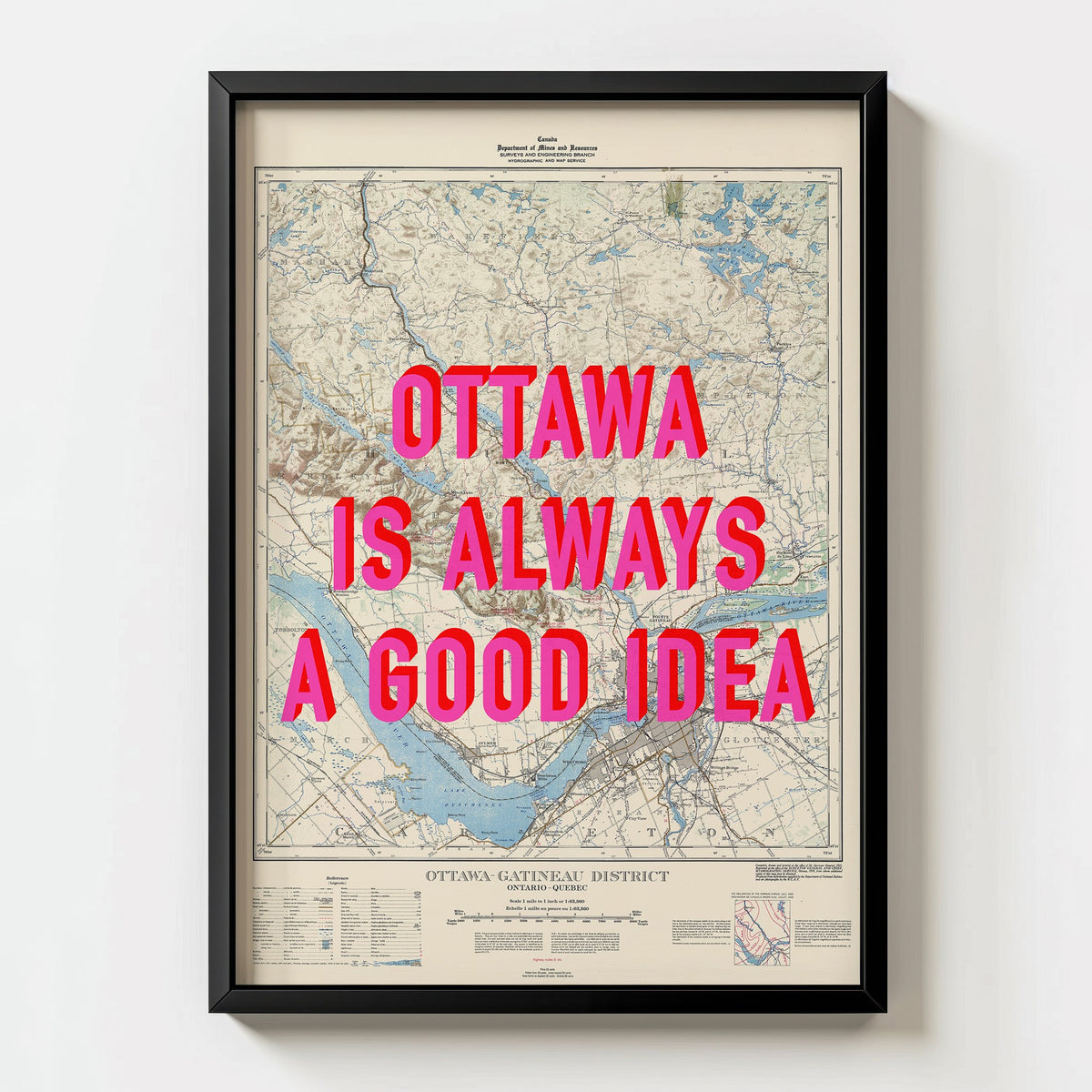 Ottawa Retro Pop Art Map Print (portrait) - black frame mockup - Magic Posters Bold