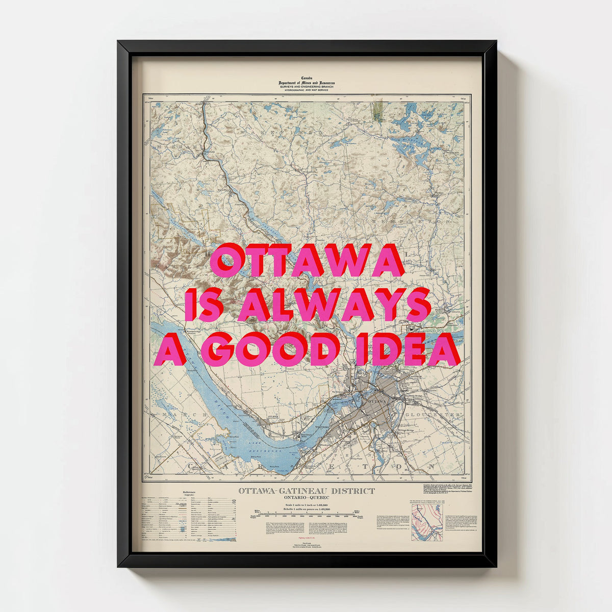 Ottawa Retro Pop Art Map Print (portrait) - black frame mockup - Magic Posters