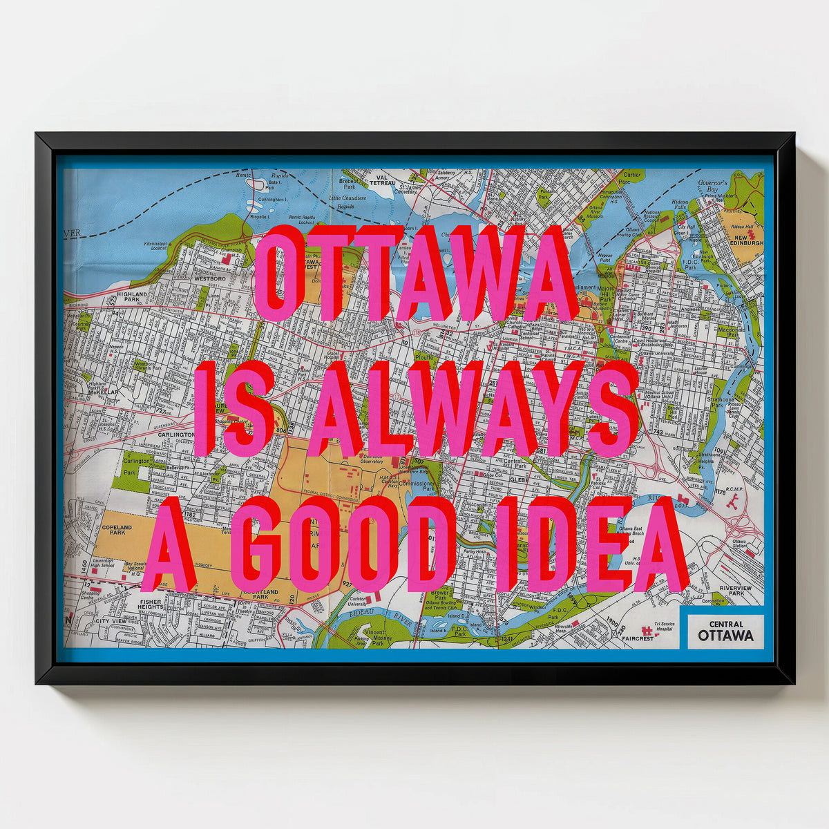 Ottawa Retro Pop Art Map Print (landscape V2) - black frame mockup - Magic Posters Bold