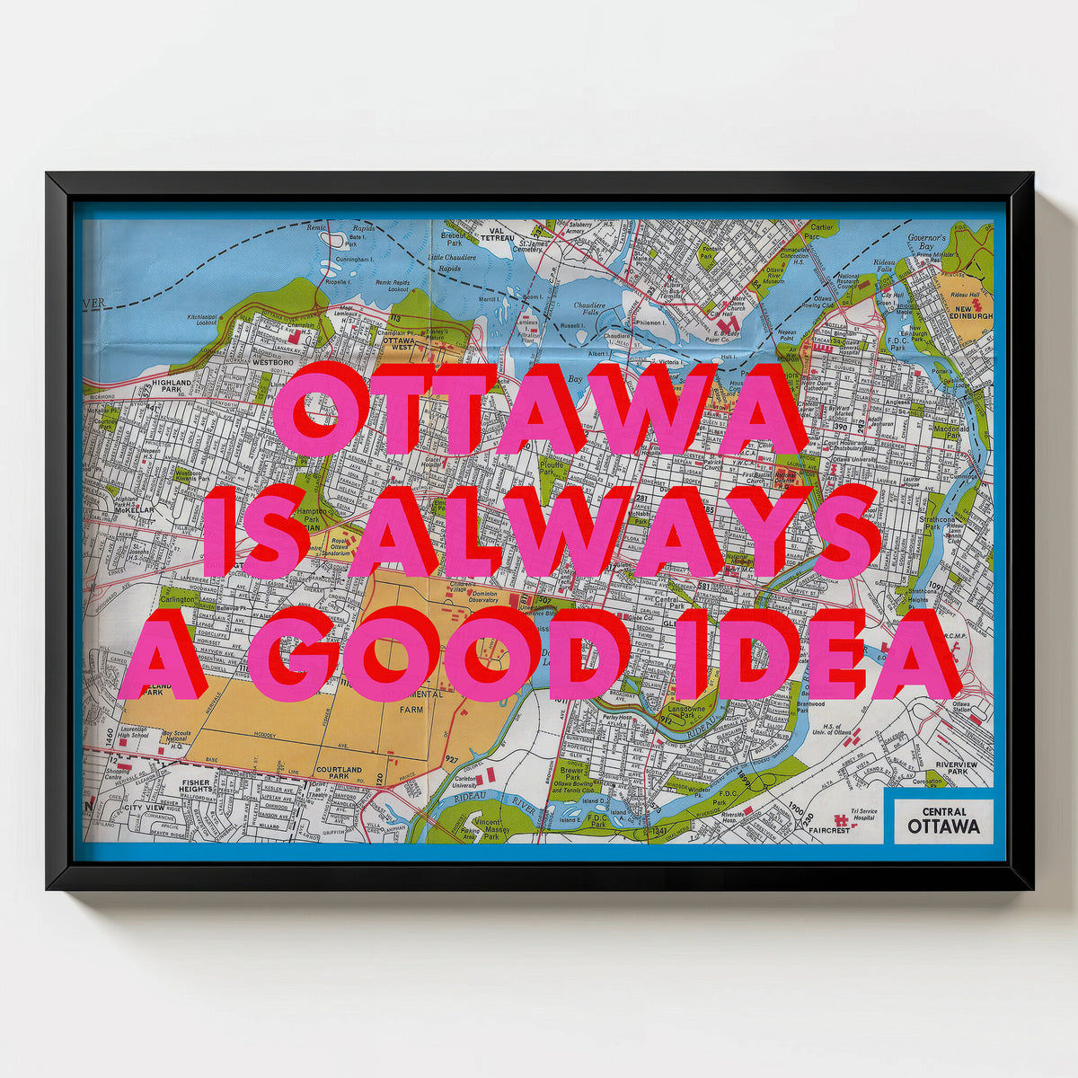 Ottawa Retro Pop Art Map Print (landscape V2) - black frame mockup - Magic Posters