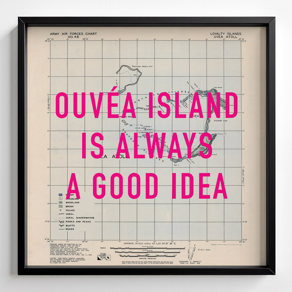 Ouvéa Island Retro Pop Art Map Print (square) - black frame mockup - Magic Posters