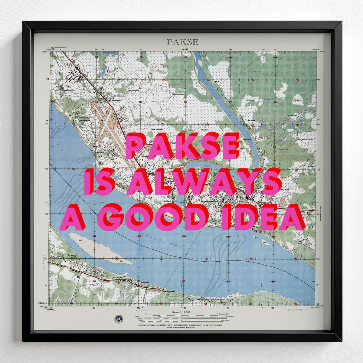 Pakse Retro Pop Art Map Print (square) - black frame mockup - Magic Posters Bold