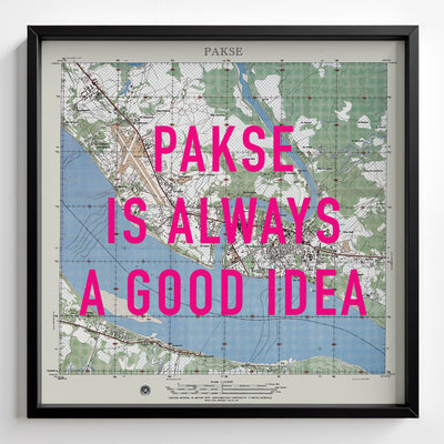 Pakse Retro Pop Art Map Print (square) - black frame mockup - Magic Posters