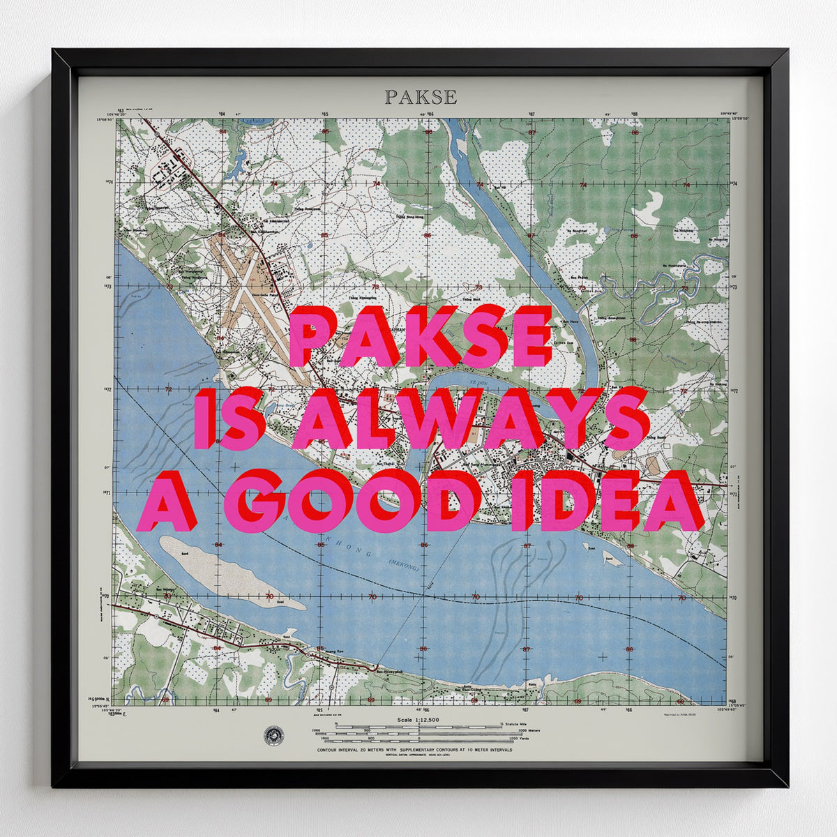 Pakse Retro Pop Art Map Print (square) - black frame mockup - Magic Posters