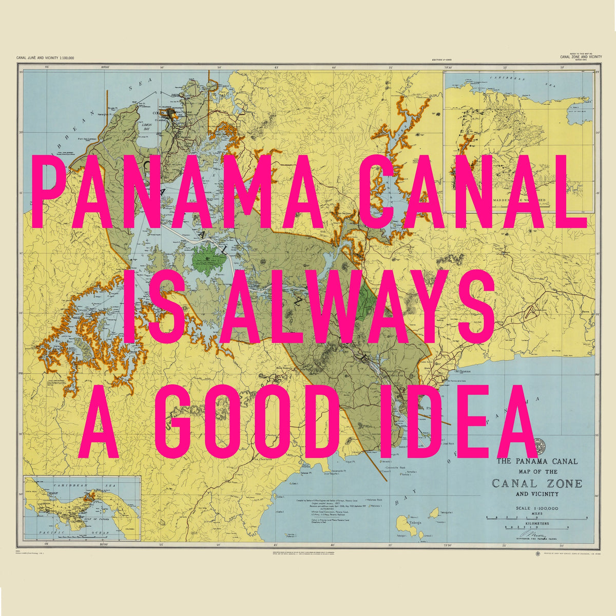 Panama Canal Retro Pop Art Map Print (square)