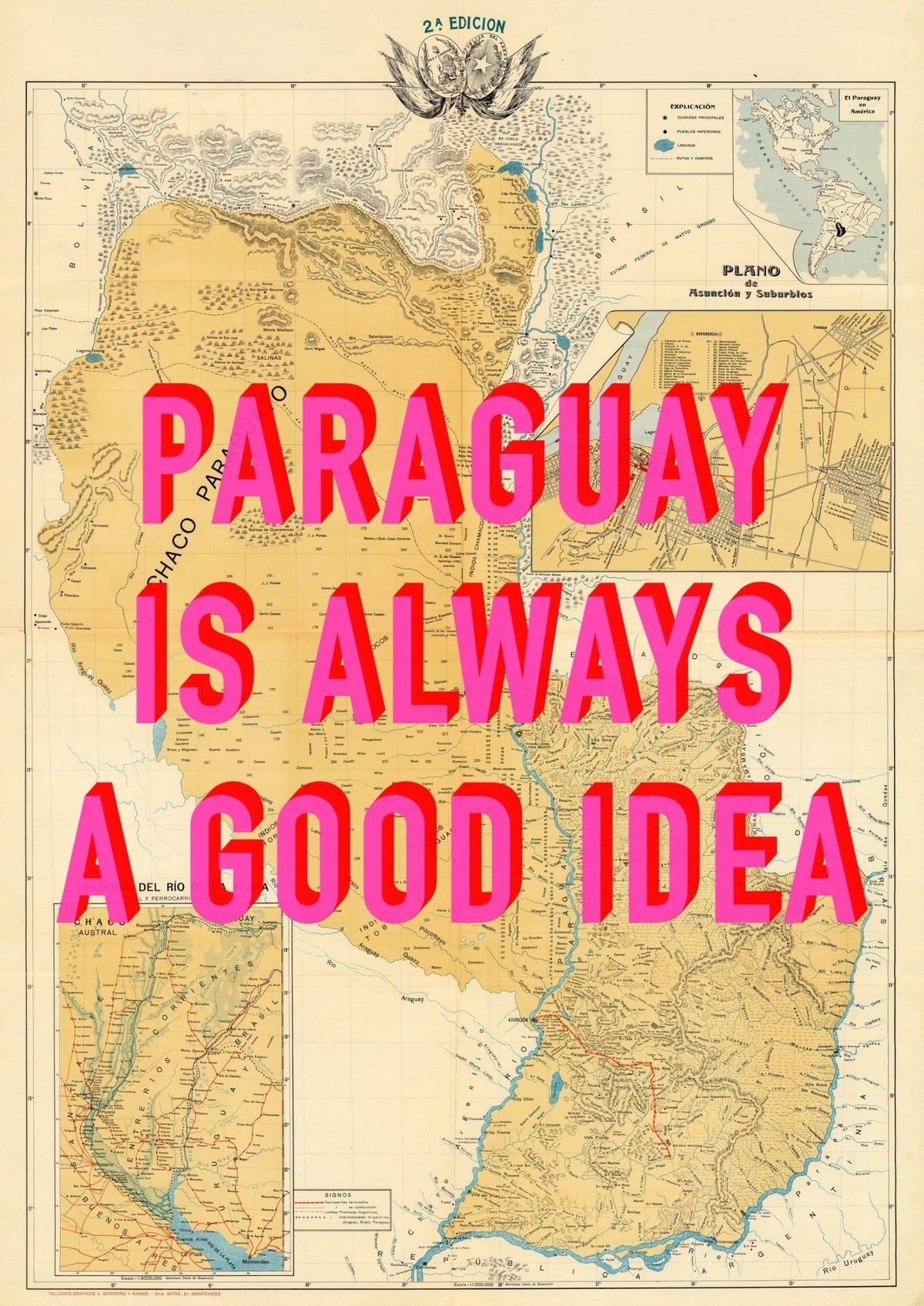 Paraguay Retro Pop Art Map Print (portrait)