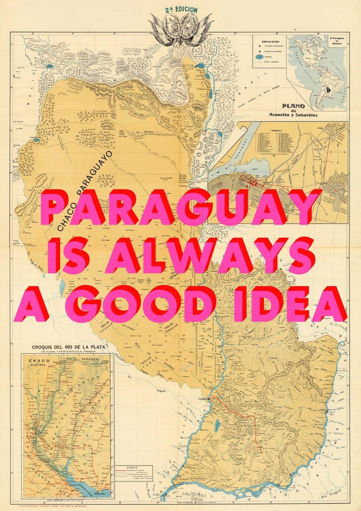 Paraguay Retro Pop Art Map Print (portrait)