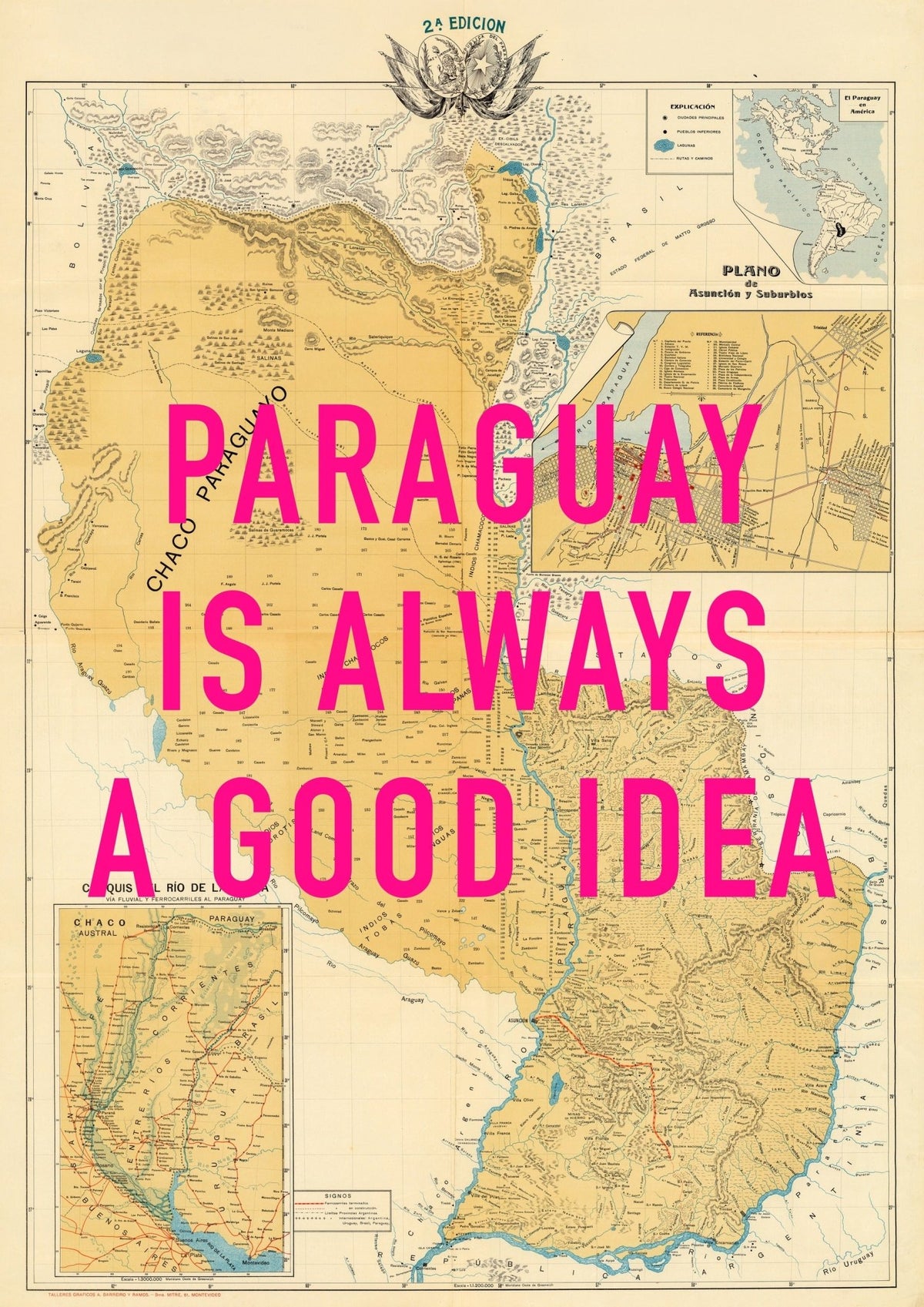 Paraguay Retro Pop Art Map Print (portrait)