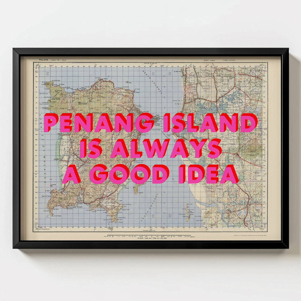 Penang Island Retro Pop Art Map Print (landscape) - black frame mockup - Magic Posters