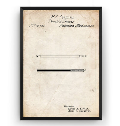 Pencil And Eraser 1858 Patent Print - Magic Posters
