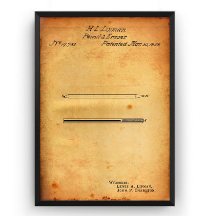 Pencil And Eraser 1858 Patent Print - Magic Posters