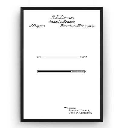 Pencil And Eraser 1858 Patent Print - Magic Posters