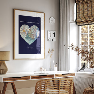 Personalised Heart Map Print Any 3 Locations (Navy) - Magic Posters