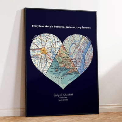Personalised Heart Map Print Any 3 Locations (Navy) - Magic Posters