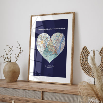 Personalised Heart Map Print Any 3 Locations (Navy) - Magic Posters