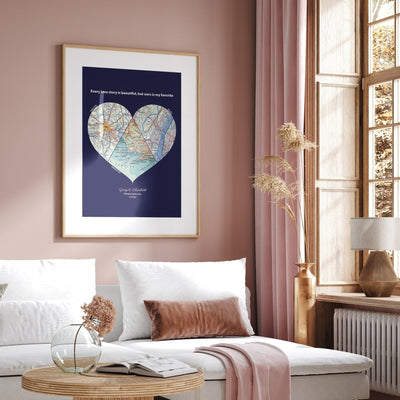Personalised Heart Map Print Any 3 Locations (Navy) - Magic Posters