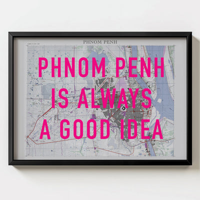 Phnom Penh Retro Pop Art Map Print (landscape) - black frame mockup - Magic Posters