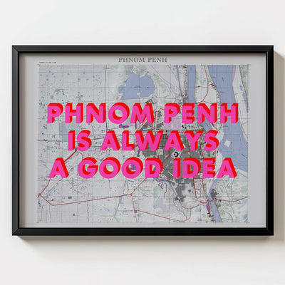 Phnom Penh Retro Pop Art Map Print (landscape) - black frame mockup - Magic Posters